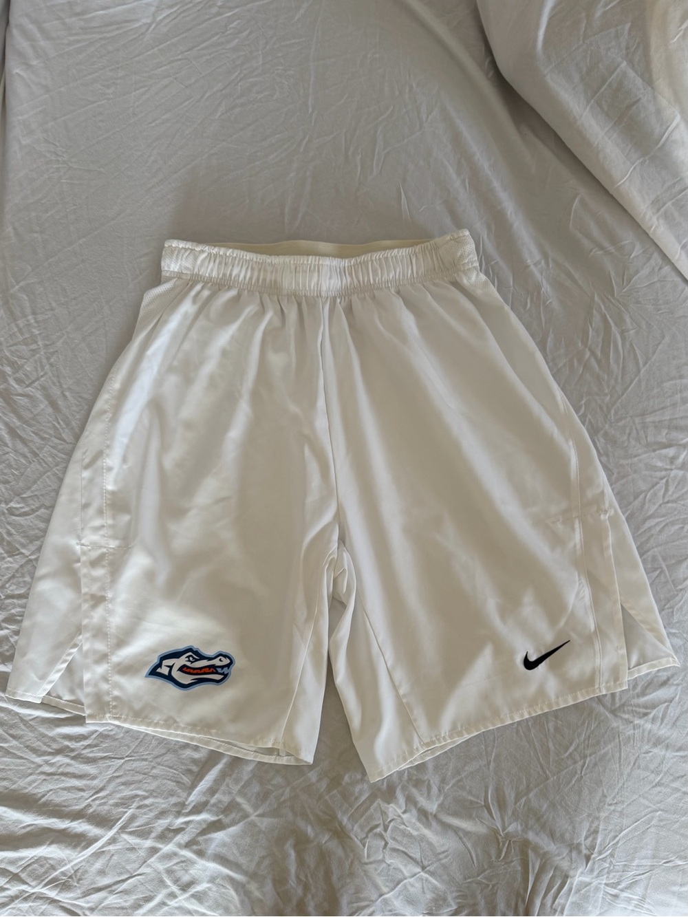 Nike Men’s White Athletic Shorts with Blue & Orange Gator Patch